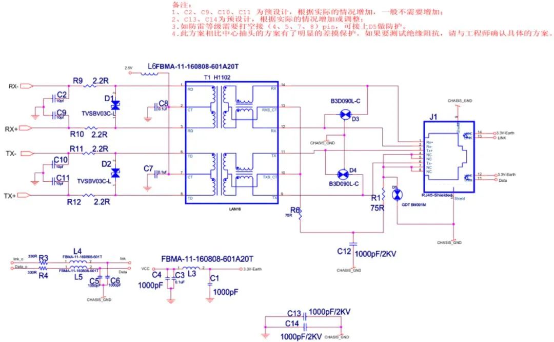 以太網(wǎng)EMC（浪涌）設(shè)計(jì)標(biāo)準(zhǔn)電路(差模要求較高方案）